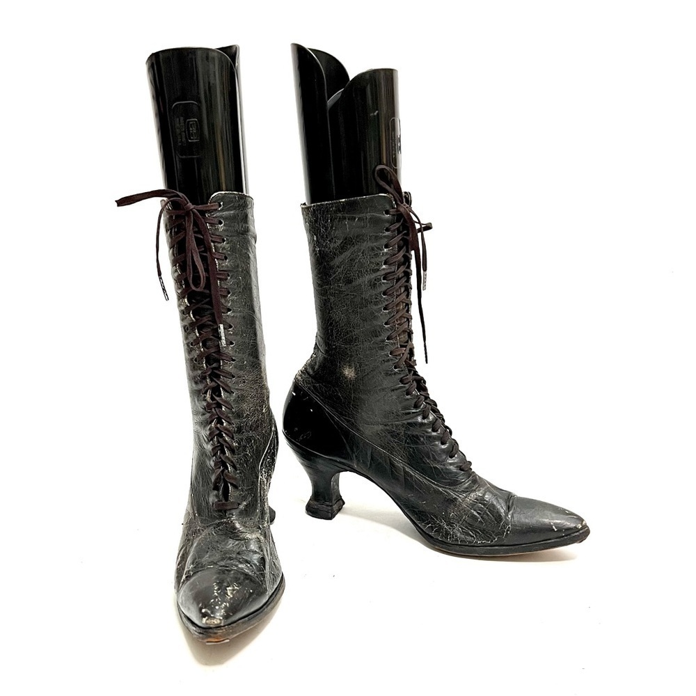 Antique 1910s vintage Edwardian black leather lace up French heel granny boots - Picture 5 of 9